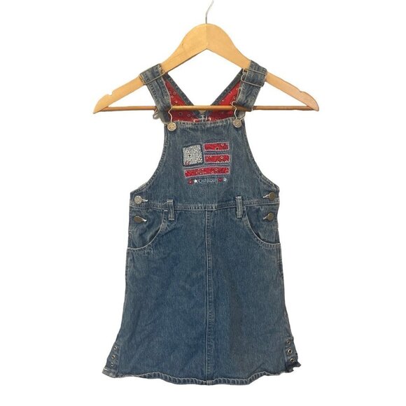 Vintage OshKosh Floral Denim Skirtall Jumper Girls 6 Flag Embroidery July 4th - Picture 1 of 12